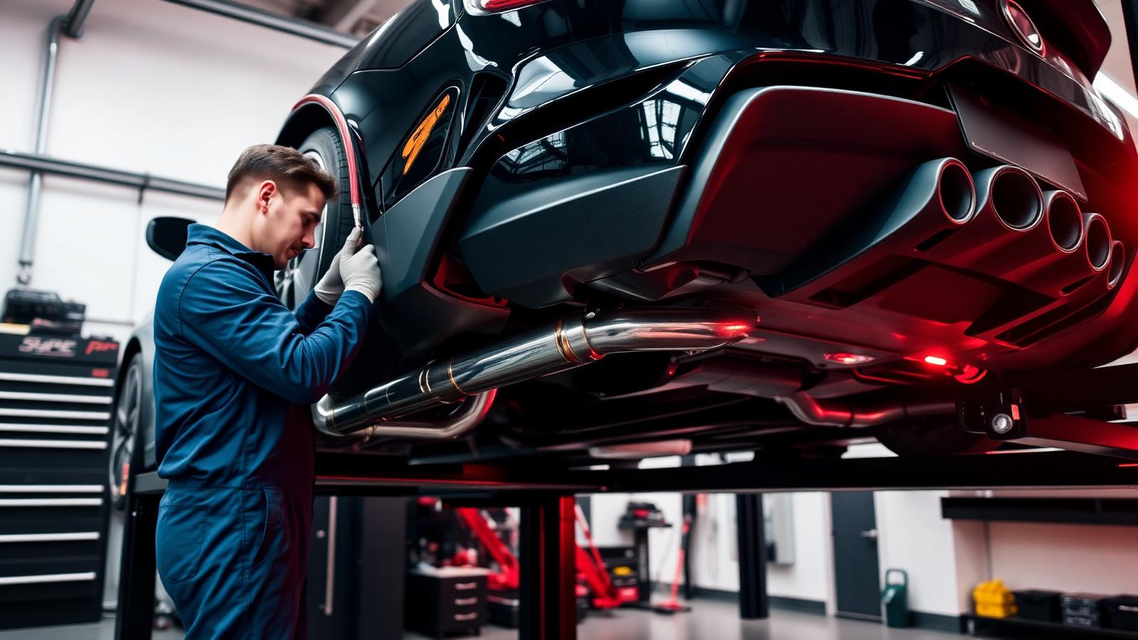 Technician working on an exhaust system under a lifted car