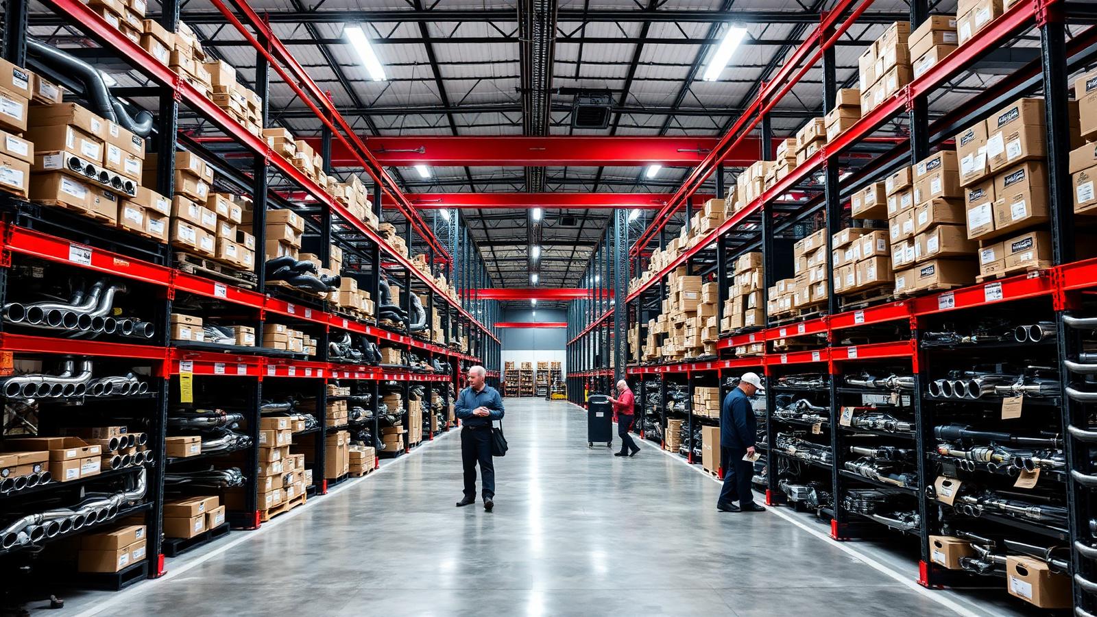 Exhaust components stocked on warehouse shelving